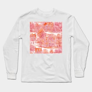 French country mansion watercolor sketch in pink and orange Long Sleeve T-Shirt